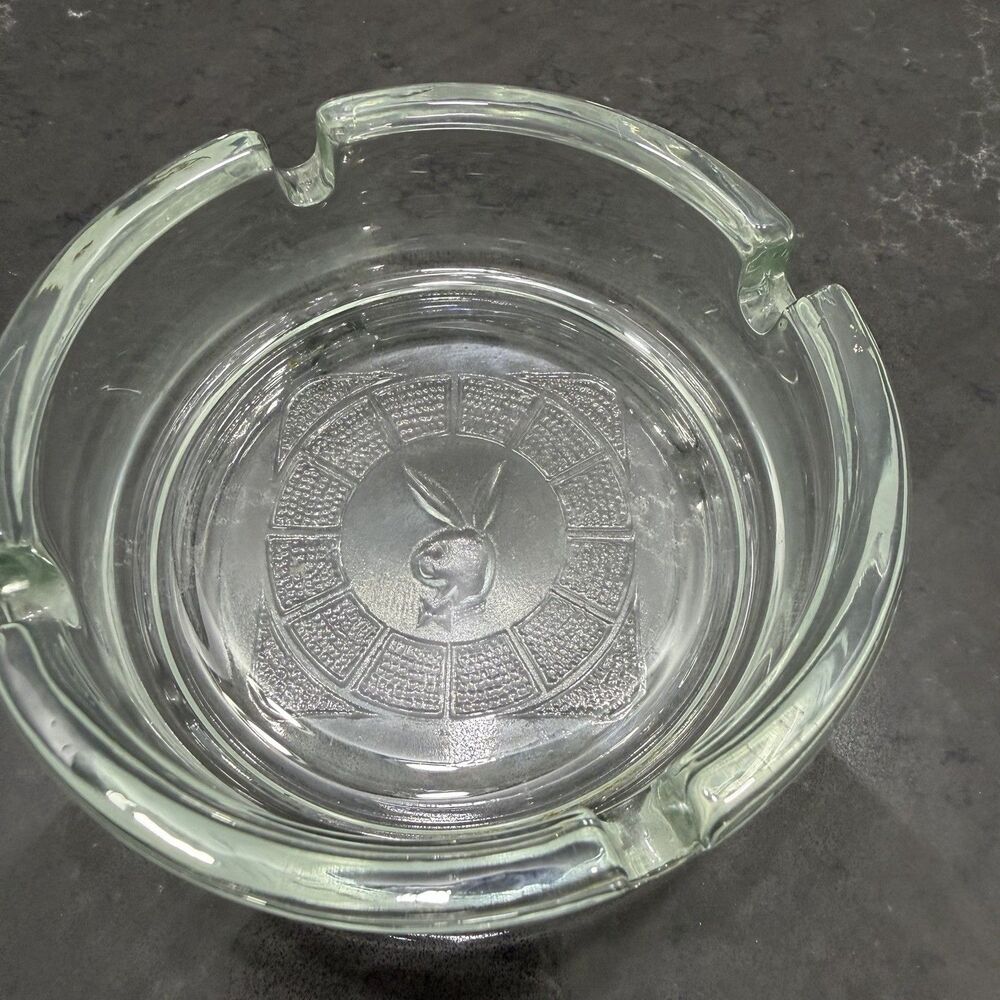 Vintage Playboy Bunny Clear Glass Ashtray 4 Cigarette Rest Embossed Logo 1960s